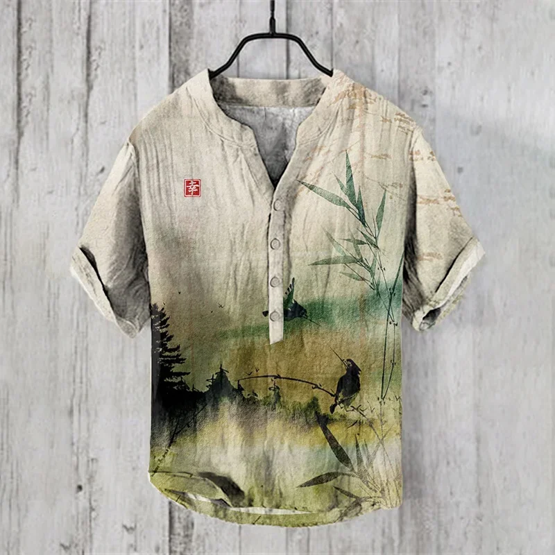 Zomer Mode Retro Heren Kleine V-Hals Kunst Illustratie Print Revers Shirt Heren Casual Kunst Korte Mouw Shirt