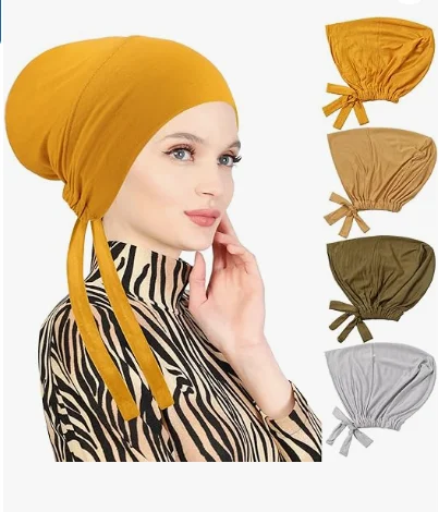 4pcs/set Women Hijab Undercap, Islamic Muslim Under Hijab Cap Inner Under Scarf Hat Turban with Tie Back Closure
