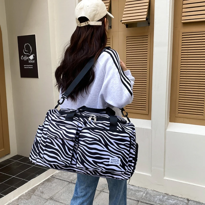 Travel Bag Women\'s Handbag Leopard Zebra Camouflage Waterproof Large Pull Rod Boarding Fitness Dry Wet Separation Luggage Bag