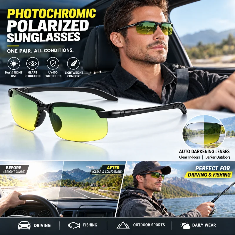Smart Photosensitive Eyewear Fishing Day and Night Vision Sun Glasses Anti UV Vintage Men Anti Blue Light Driving Sunglasses