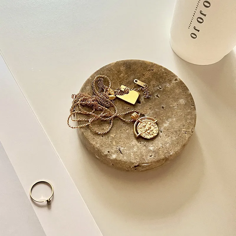 French retro light luxury natural marble round small tray, wabi-sabi bedroom creative jewelry storage box