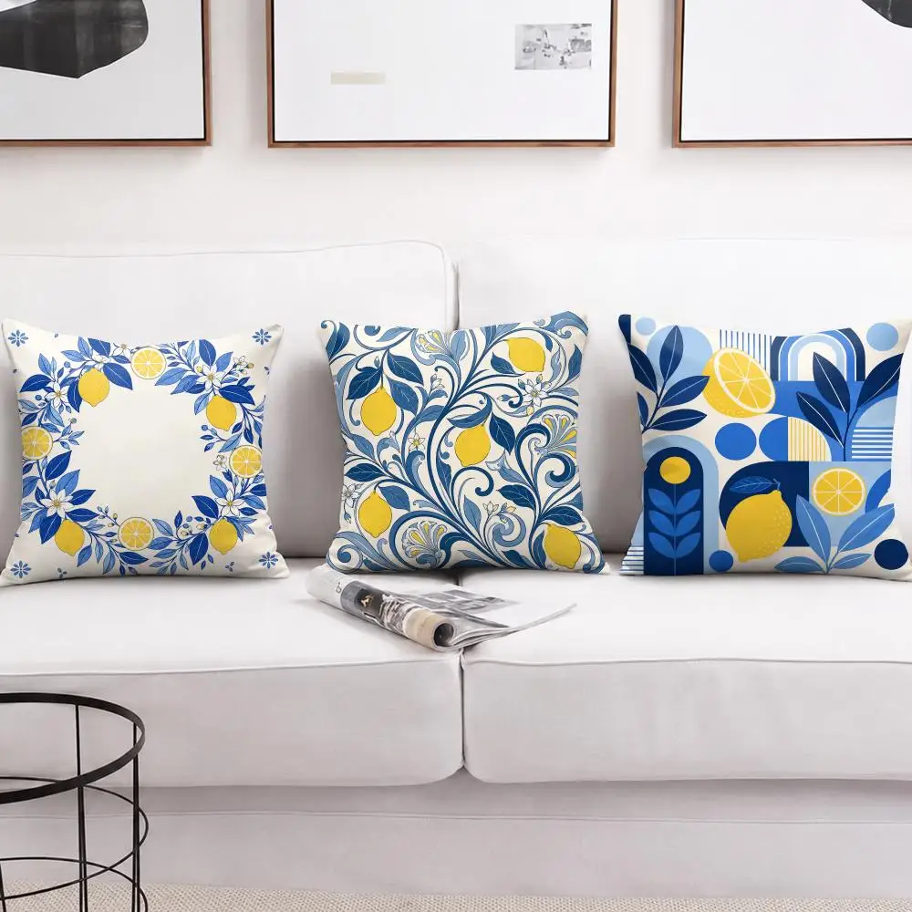 Lemon Blue Botanical Cushion Cover Soft Short Plush Pillow Cases Hidden Zipper Cutecore Sofa Bedroom Home Decor Gift