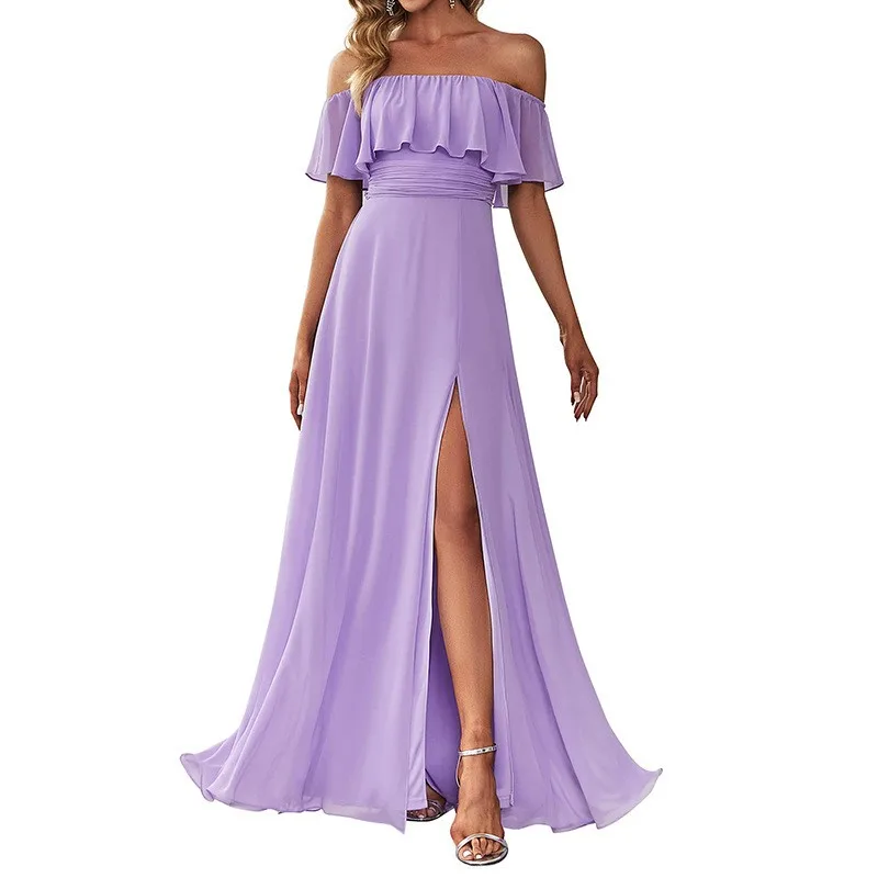 Prom Dress Women Party Long Wedding Guest Chiffon Off Shoulder High Waist Slit Maxi Dress Floor Length Wrap Waist Evening Gown - view 4