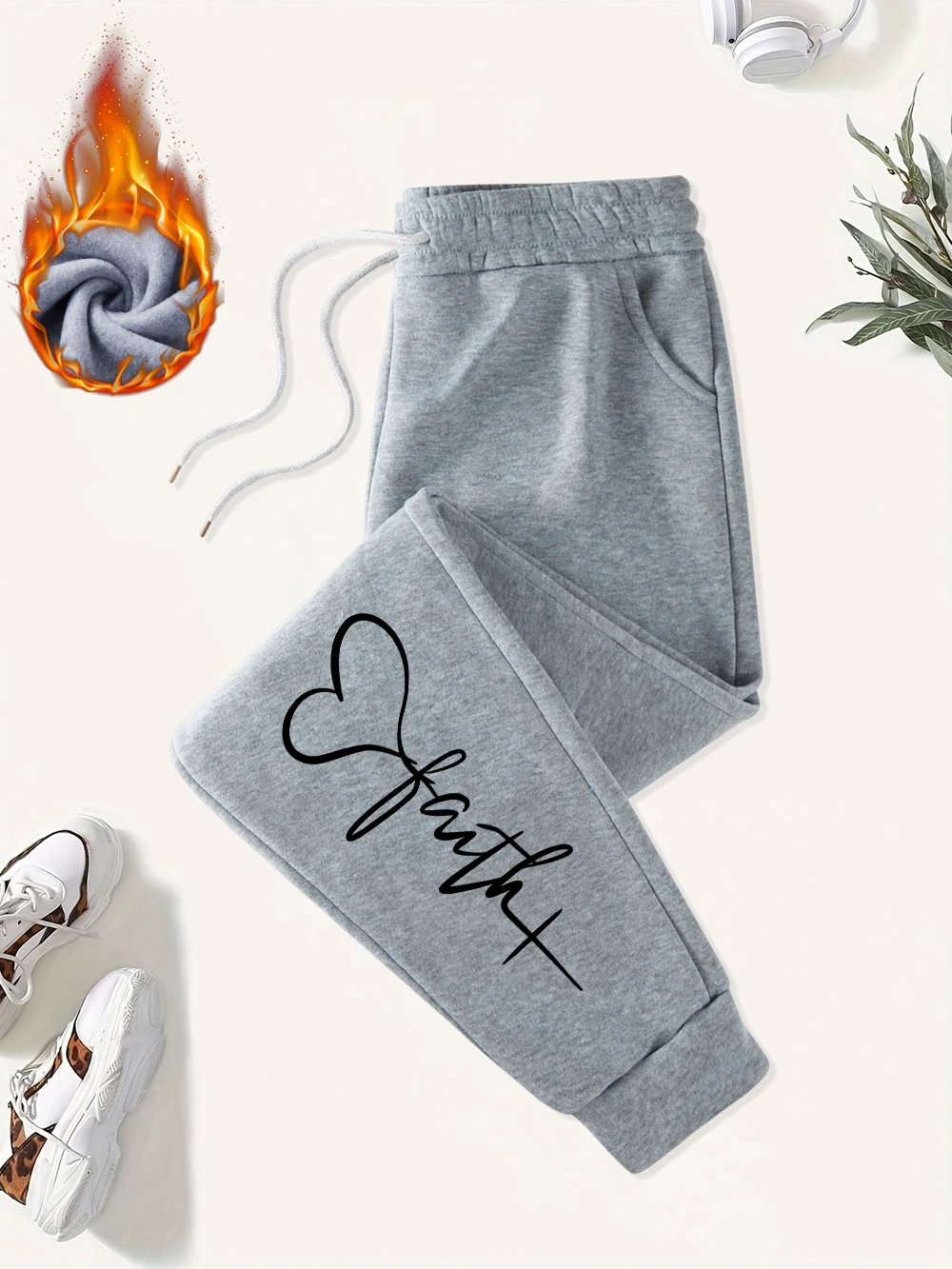 Creative Heart Shape Printed Sweatpants Women Basics Sporty Pants Elastic Waist Pocket Loose Trousers Trend Woman Streetwear