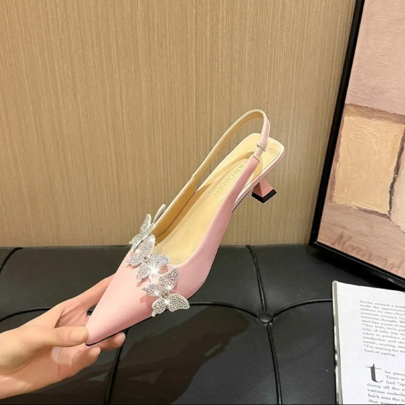 

Heels Beige Heeled Sandals Buckle Strap Comfort Shoes for Women Med Summer Black Girls Closed Medium Pointed Sandals Plus Siz 43