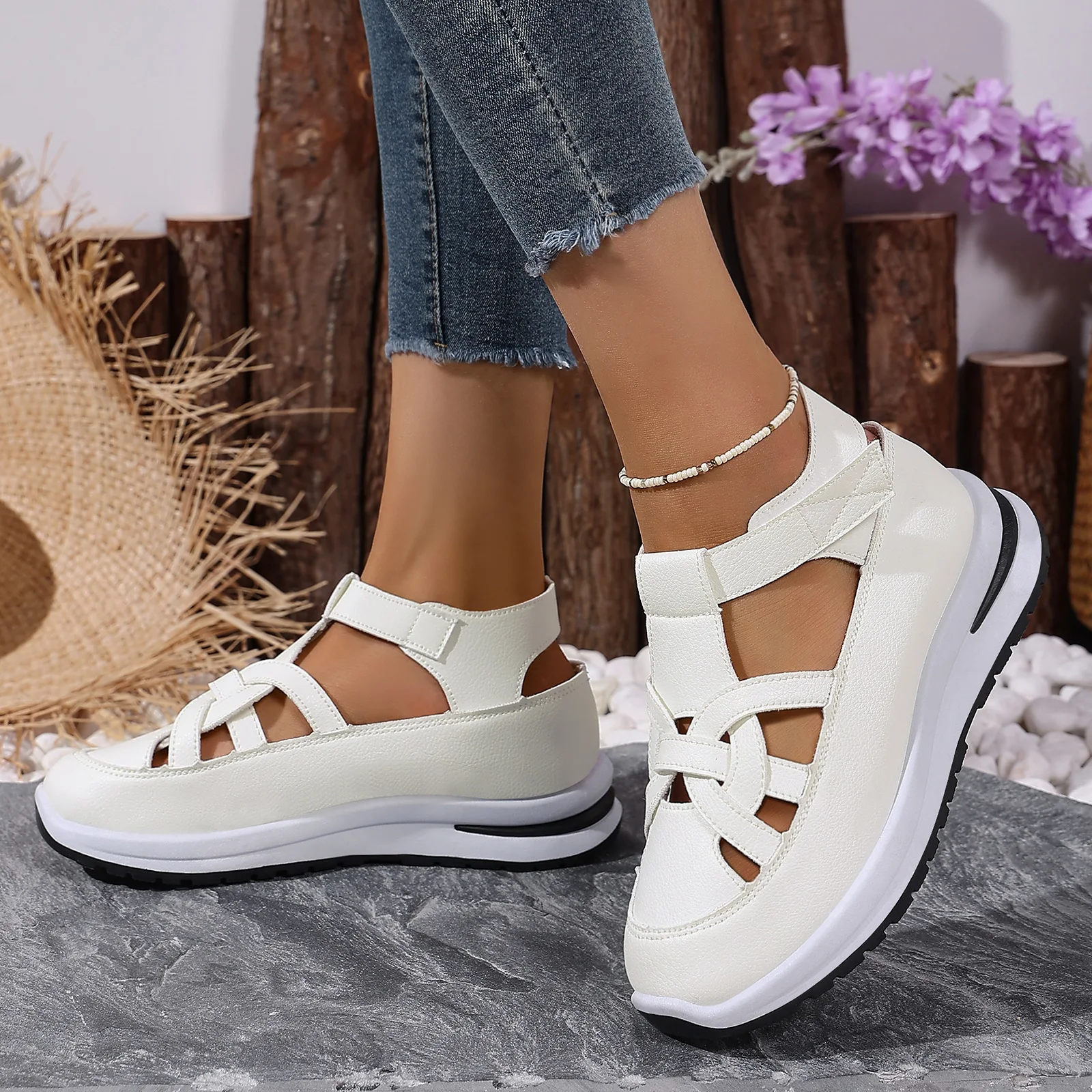 Women's Hollow-Out Knit Casual Wedge Sandals, Comfortable Closed-Toe Style