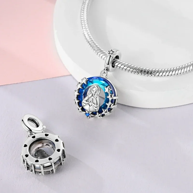 100% 925 Sterling Silver Blue Round Crystal Life Tree Angel Star Moon Pendants Charms Fit 925 Original Bracelets DIY Jewelry