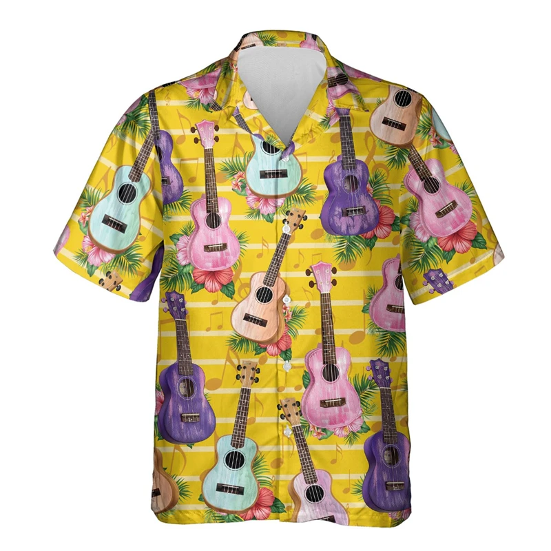 Kemeja grafis Ukulele Fashion untuk pria pakaian pria kemeja pantai Ukelele kasual instrumen Uke Hawaii blus kerah penyanyi pria