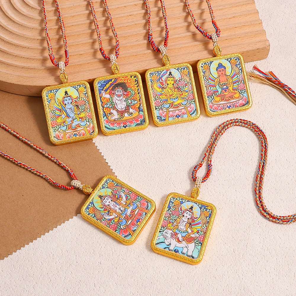 Hand-Painted Tibetan Thangka Guardian Deity Pendant Necklace - Creative Exquisite Traditional Jewelry Cultural Accessory