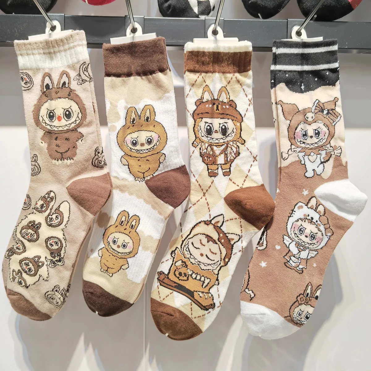 4Pair Labubu Cotton Socks Cartoon New Women's mid-calf Socks Cute Four Seasons Cotton Socks Sweat Absorbent Adult Average Size