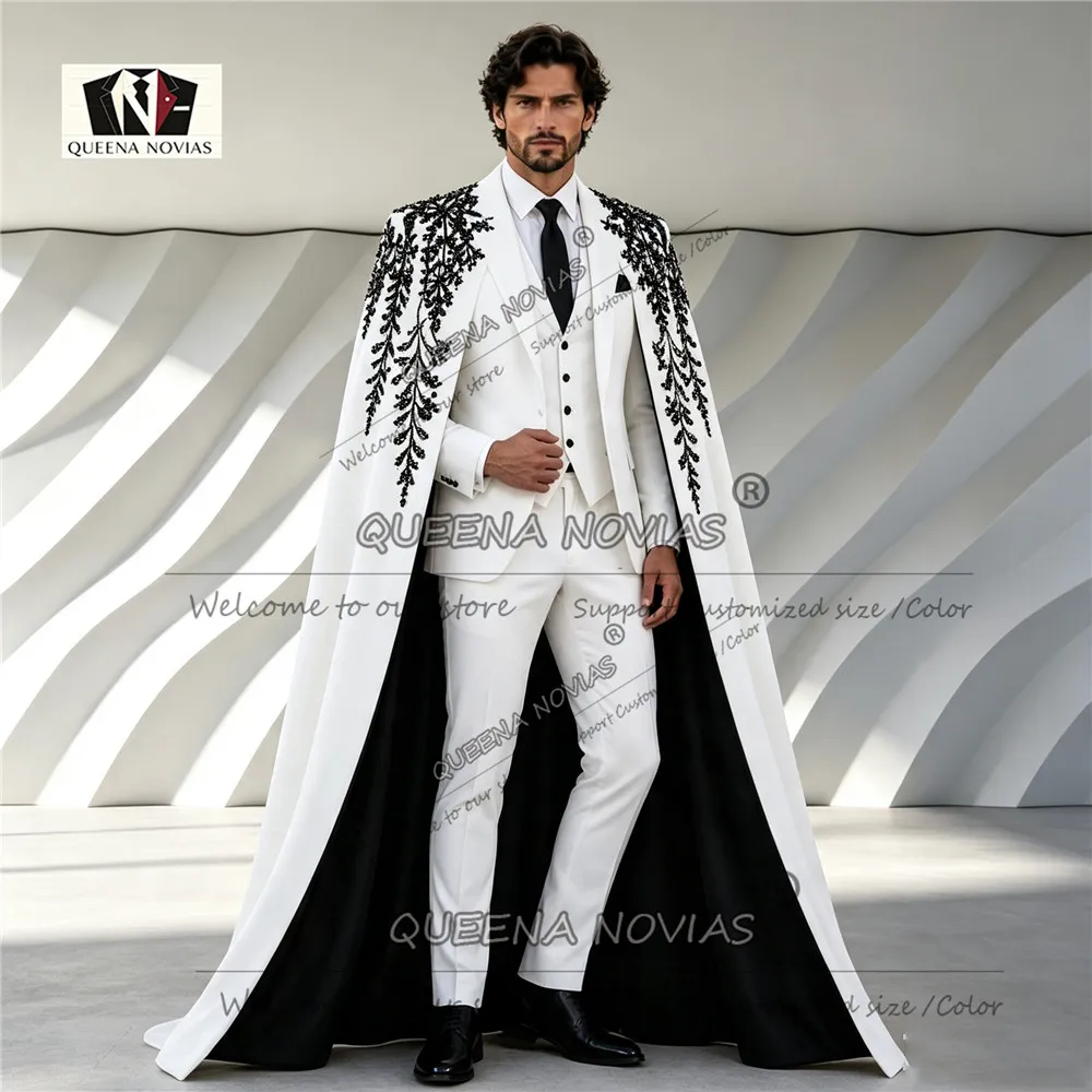 Exclusive Men's Suit For Wedding Black Beading Crystals Prom Blazer With Cape Long Customized Male Fashion Tuxedo 4 Piece Attire
