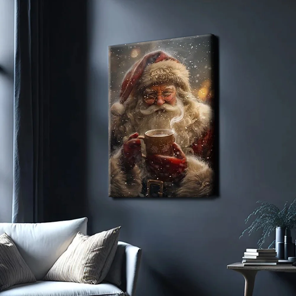 1개 포장된 나무 프레임 포스터(클래식 크리스마스 캔버스 프린트, 눈 속에서 커피를 마시는 산타, 세로 직사각형)