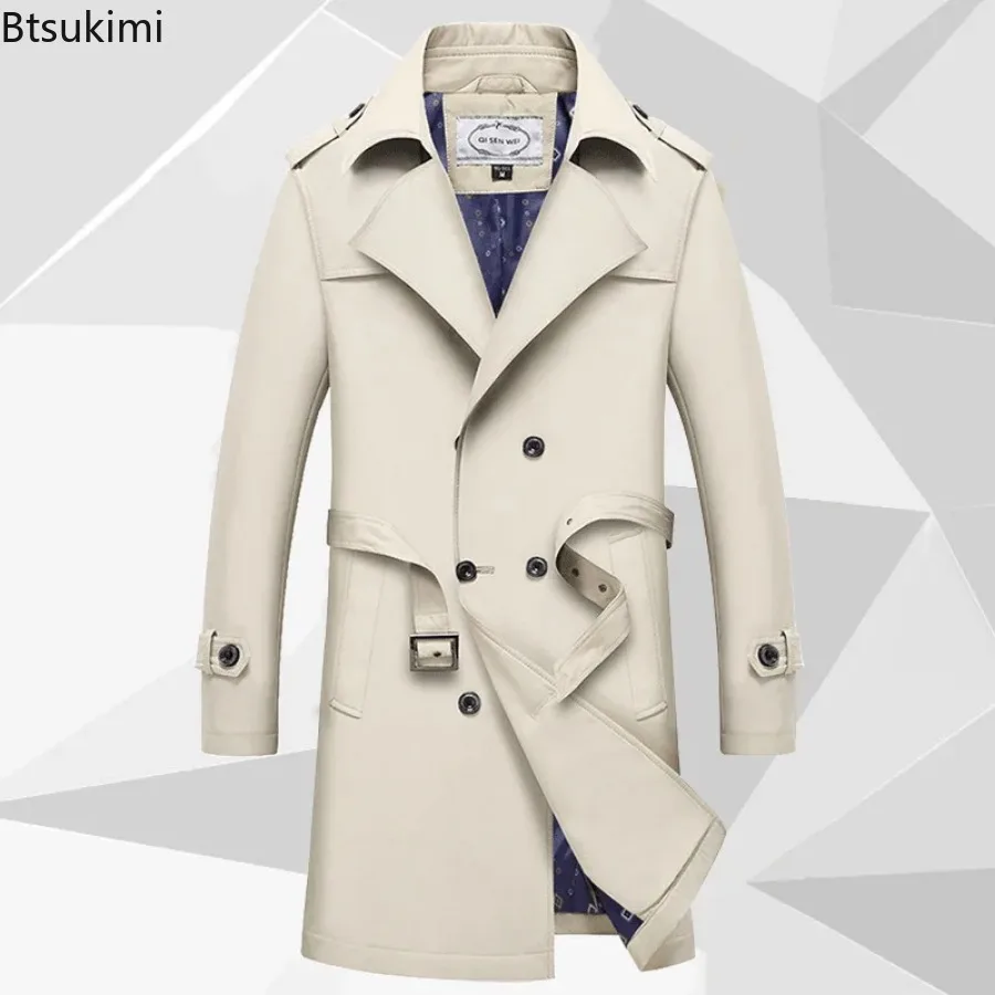 2024 Men's Long Trench Jacket Coats Spring Autumn British Style Business Office Trench Men's Solid Slim Double Breasted Jacket