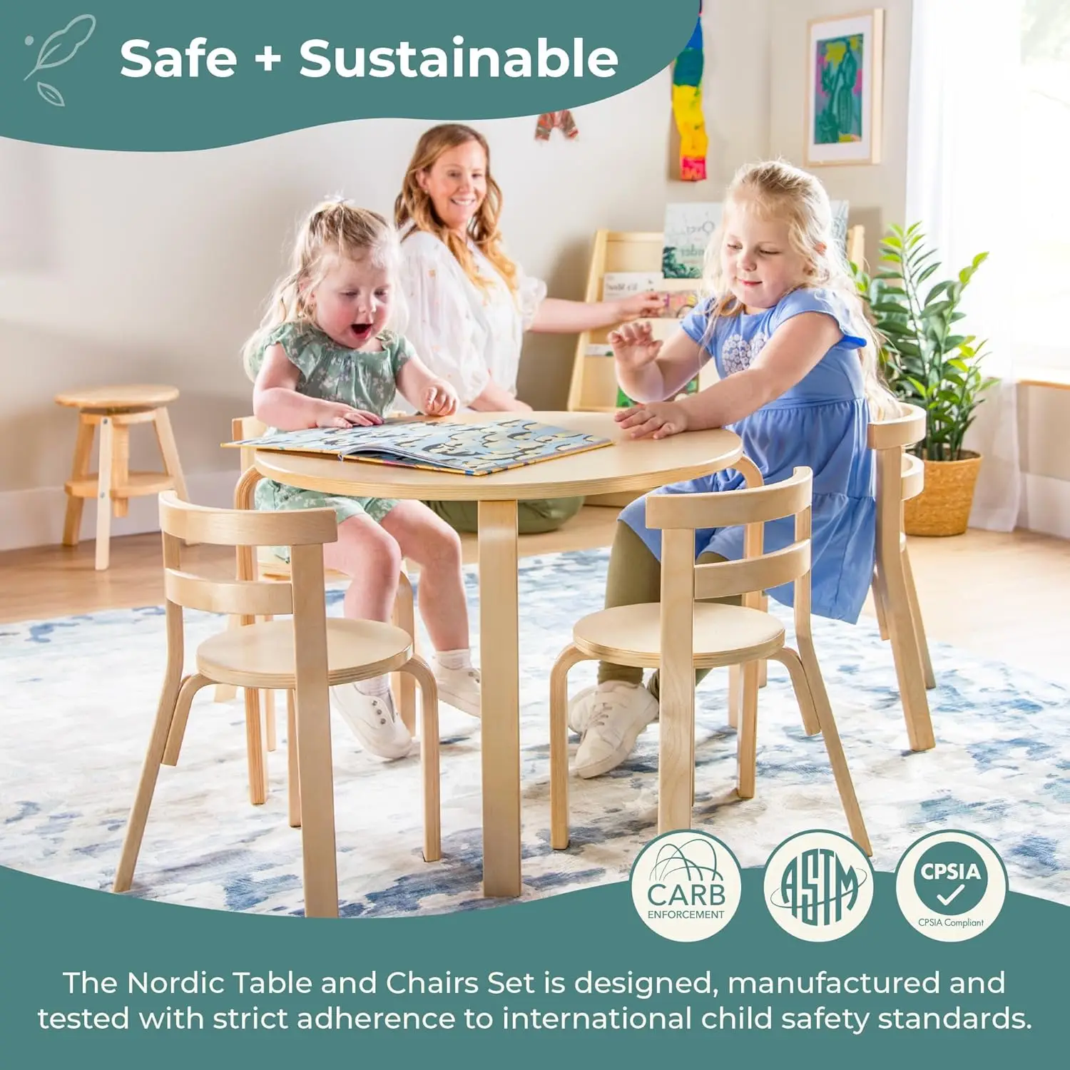 Nordic Table and Chair Set- Natural: Wooden Kids Table with 4 Chairs, Bentwood Classroom Activity Seating for, Customized