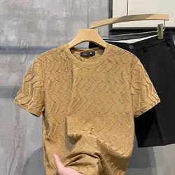 CSKS Thin Thread Design T-shirt Korean Style Slim Fit Ice Silk Short-sleeved Men Solid Color Comfortable and Breathable Top