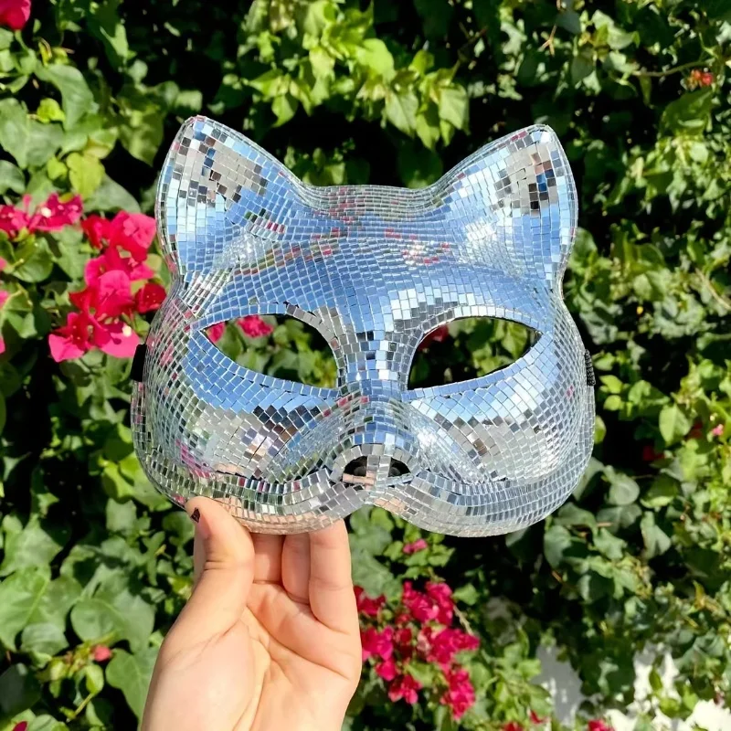 Handmade Bright Silver Mirrors Cat Women Mask Hip Hop DJ Dance Stage Metal Sequin Masquerade Mask for Men Nightclub Mask Party