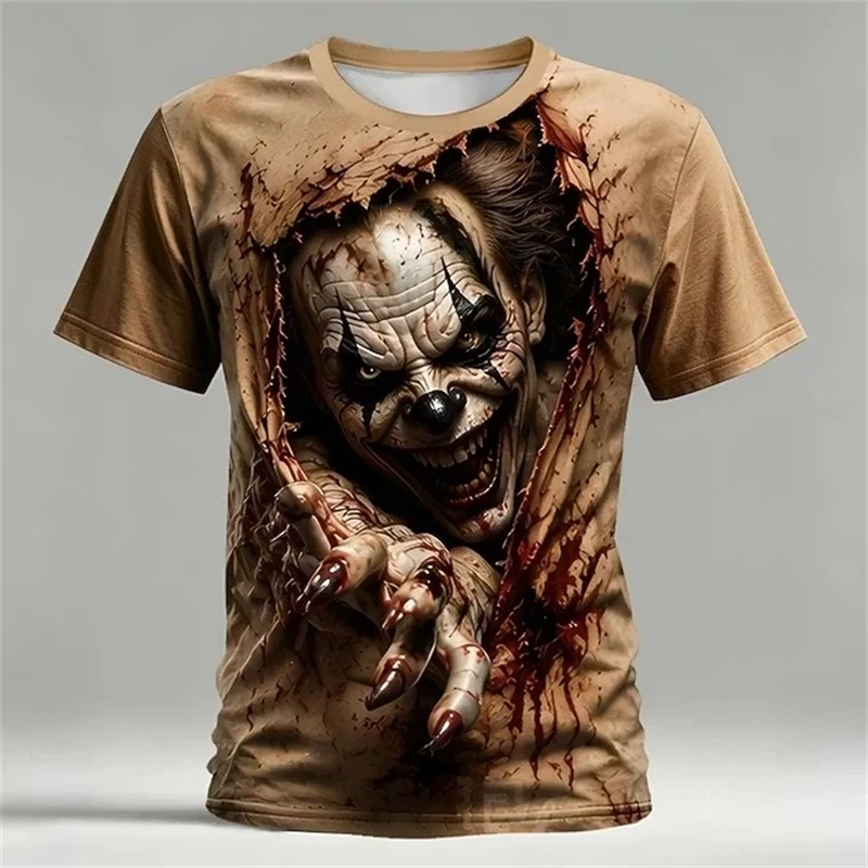 New Men's Short-Sleeve T-Shirt With Spooky Halloween Crack Print—Round-Neck Casual Loose-Fit Streetwear-Style Men's T-Shirt