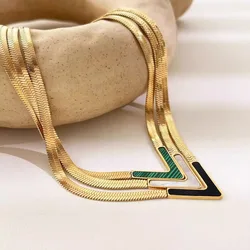 Retro Temperament V Shape Enamel Pendant Necklace For Women Personality Gold Color Stainless Steel Collarbone Chain Jewelry Gift