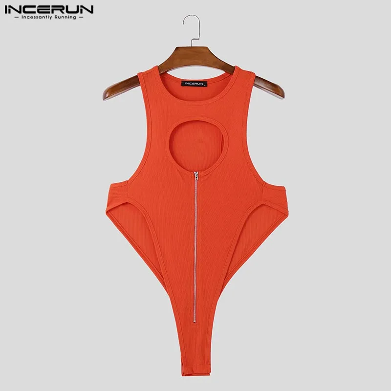 Incerun masculino sem mangas bodysuits 2024 casual oco para fora design simples onesies cor sólida zíper confortável homewear loungewear