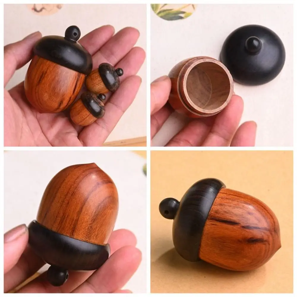 Solid Wood Medicine Pill Box Mini Sandalwood Rescue Wooden Pill Case Outdoor Medicine Tablet Container Acorn Shape Storage Box