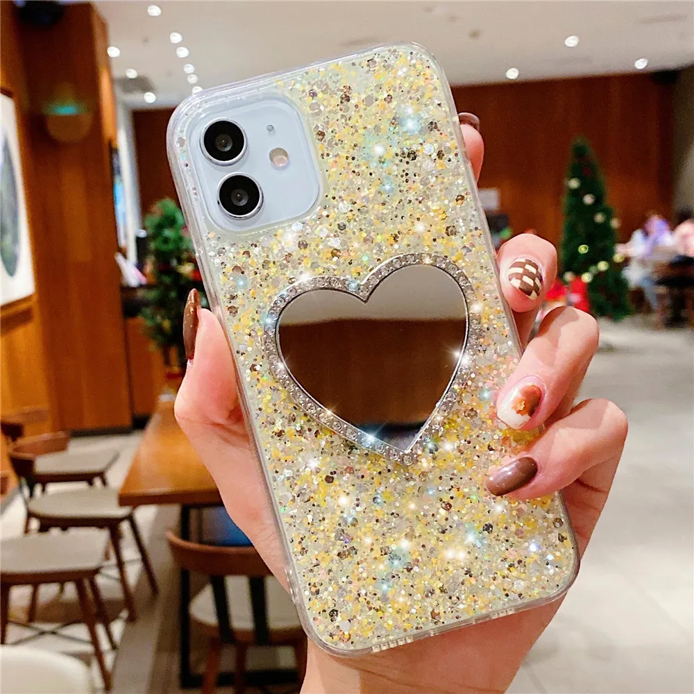 Glitter Custodia morbida per Xiaomi Redmi Note 11 Pro 11S 10 10S 9 9S 10C 11T 11Lite 5G NE POCO X3 Strass Cuore Specchio per il trucco Copertura