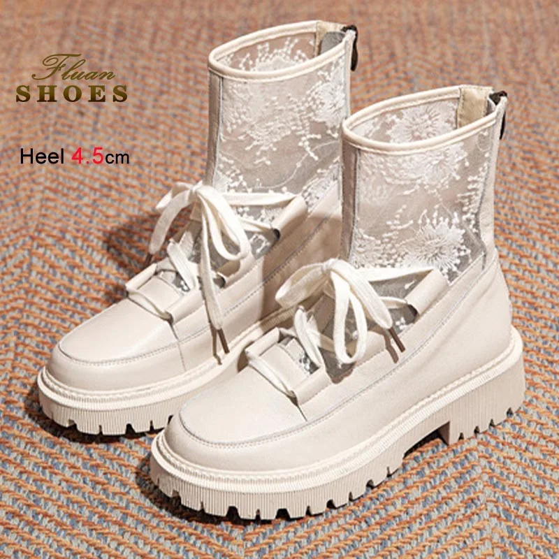 جديد جلد طبيعي شبكة النساء أحذية بوت قصيرة موضة تنفس صافي الأحذية الدانتيل يصل سميكة سوليد حذاء من الجلد الخلفي سستة الخريف الأحذية