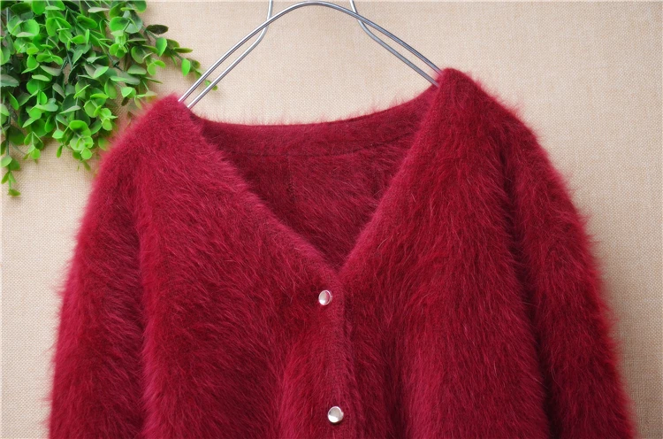 Women Mujer Autumn Winter Clothing Hairy Mink Cashmere Knitted V-Neck Long Sleeves Slim Cardigans Crop Top Angora Sweater Jacket