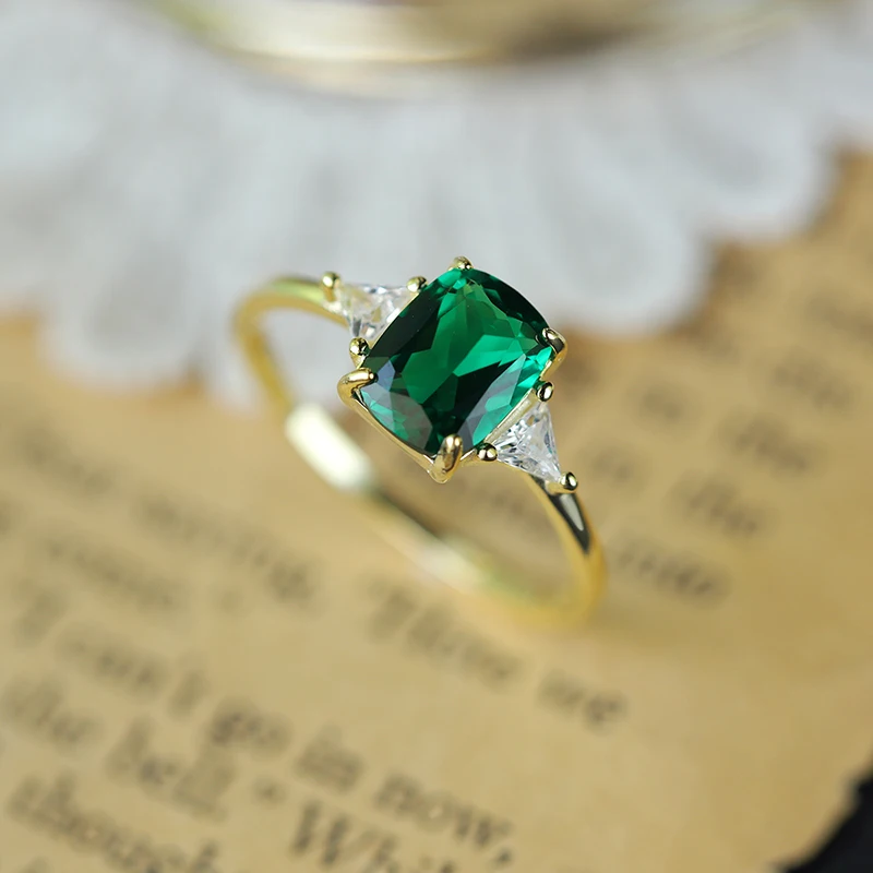 Fashionable Luxury Authentic S925 Sterling Silver 14K Gold Light Green Geometric Jewelry Ring for Women
