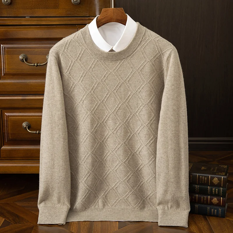 

O Neck Argyle Pattern Long-Sleeve Men's 100% Cashmere Classic Fashionable Pullover Autumn Winter Warm Soft Knit Jackets Tops