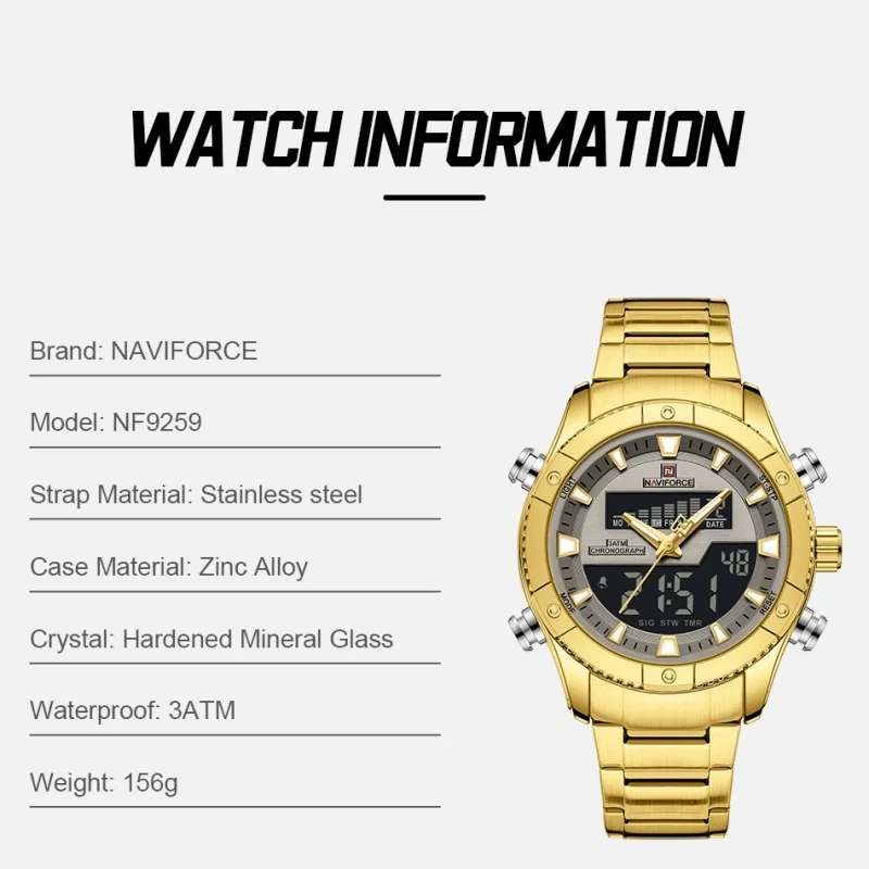 NAVIFORCE ساعة عصرية للرجال NF9259 كرونوغراف متعدد الوظائف عرض مضيئة مقاوم للماء ساعة إلكترونية رياضية للذكور #2