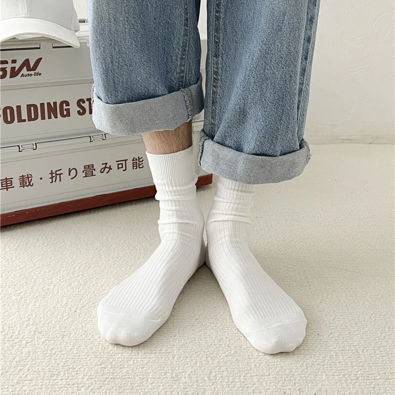 Men\'s Socks High Quality Solid Color Middle Tube Breathable Comfy Crew Socks Plain Soft Japanese Fashion Long Casual Socks Male