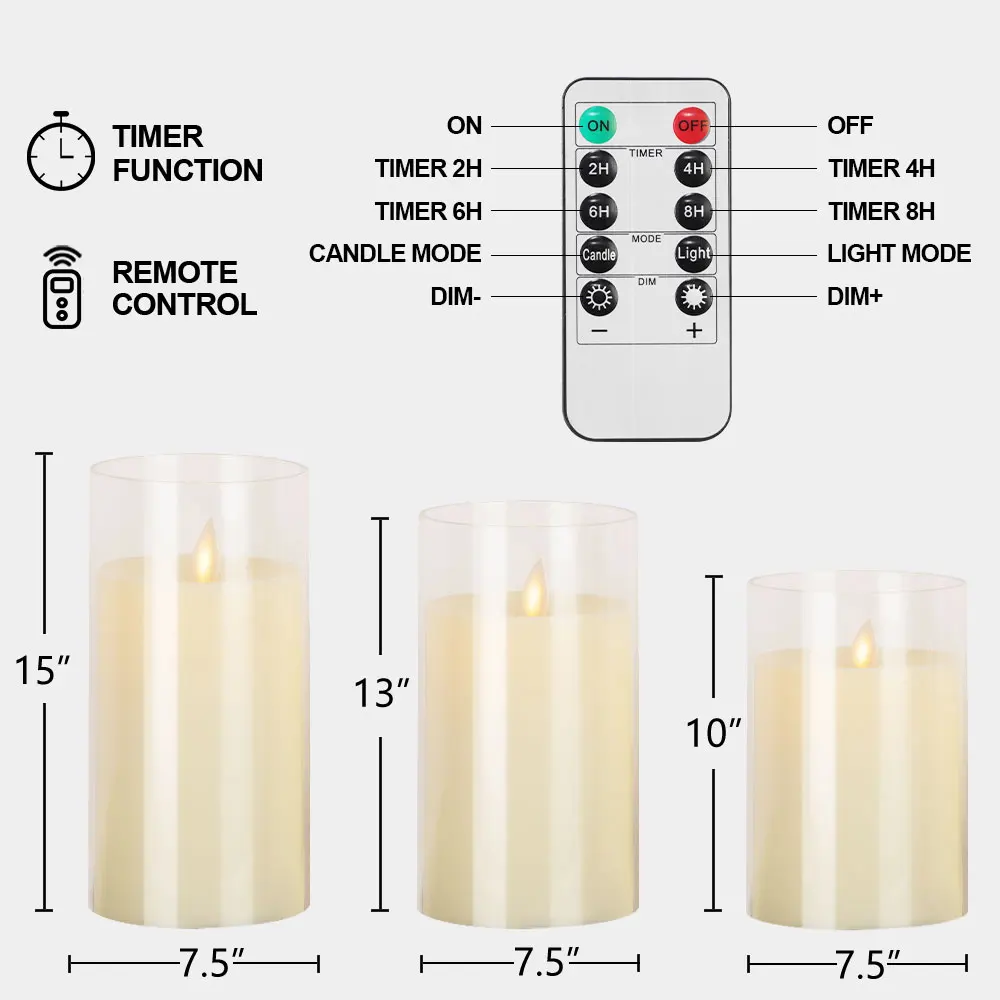 3Pcs LED Flameless Candles Light Simulation Acrylic Candle Wedding Romantic Candle Lamp with Remote Party Christmas Home Decor