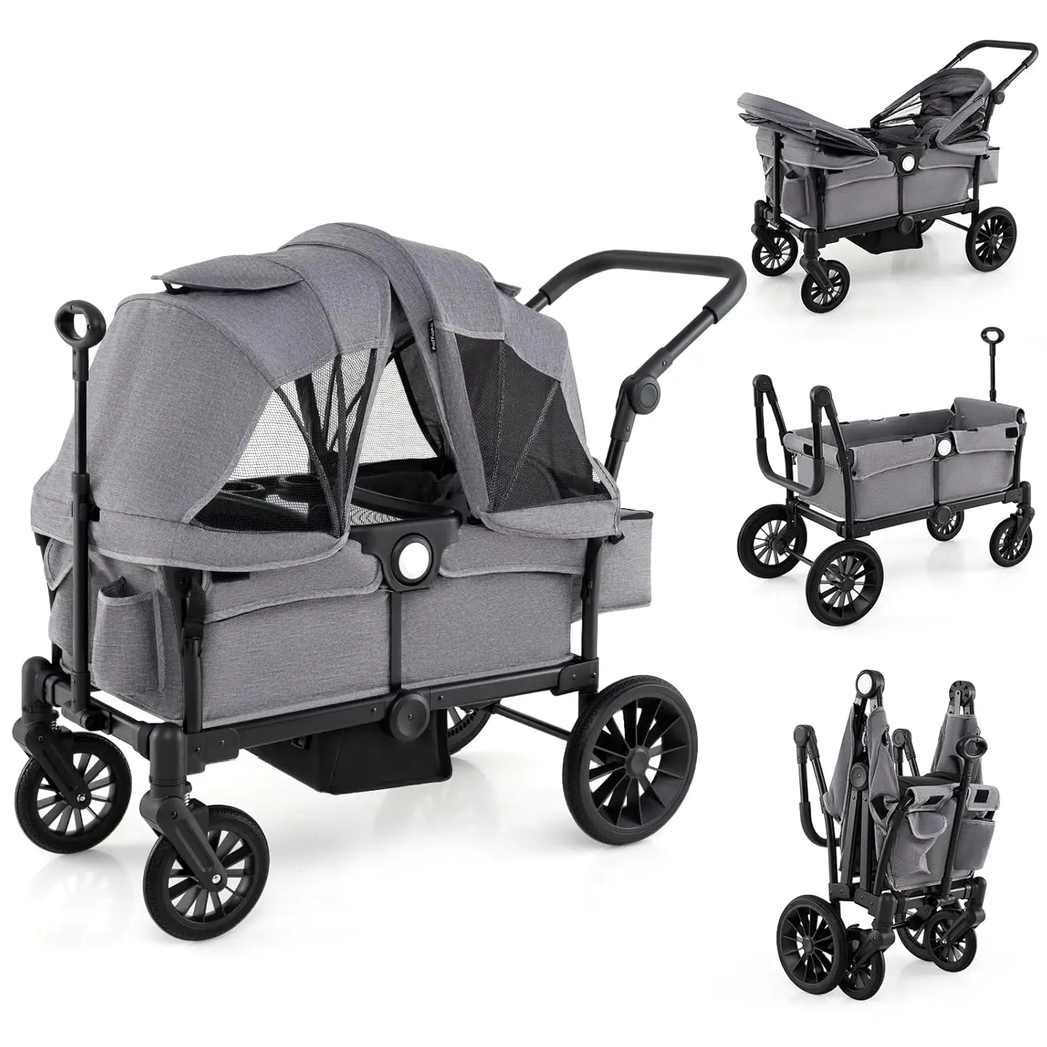 Wagon Stroller for 2 Kids, 2 Seater Toddler Quad Stroller Wagon, Adjustable Push/Pull Handle Bar