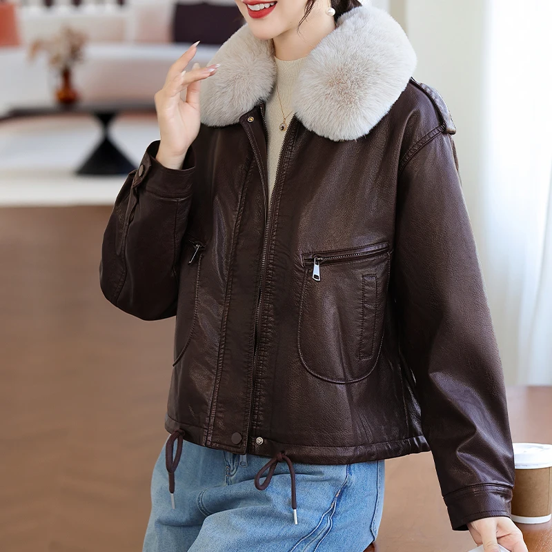 

Модная зимняя куртка для женщин среднего возраста, утепленная флисом, короткое кожаное пальто, легкое в уходе, из хлопка, для женщин среднего и старшего возраста.