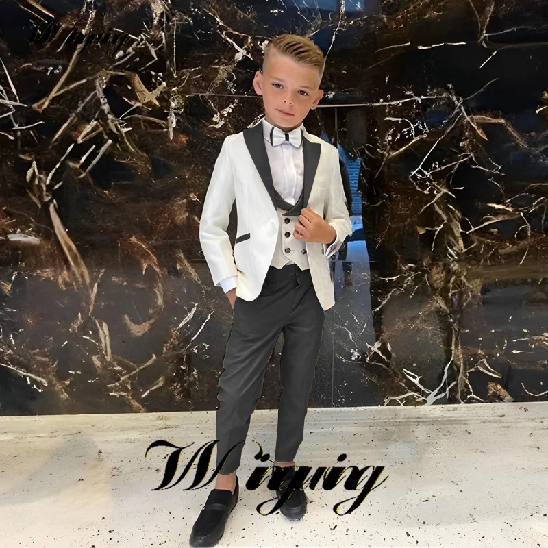 Ivory Boys Suit Wedding Tuxedo Jacket Pant Vest Bow Tie 4 Piece Set Kids Fashion Blazer Formal Party Dress