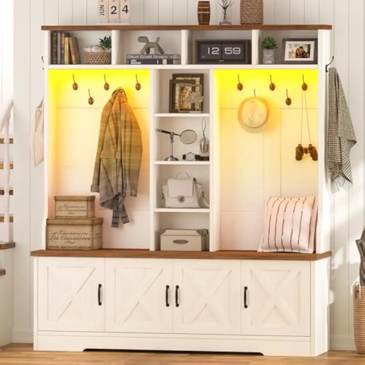 Rustic Antique White Brown Hall Tree Bench with RGB LED Lighting Music Sync Remote Control 5 in 1 Entryway Organizer Featuring H