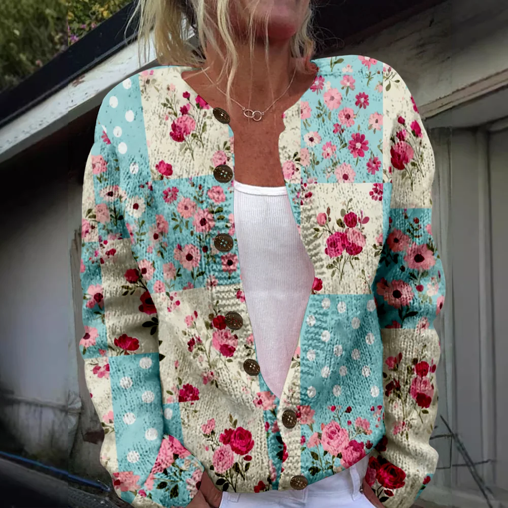 

Autumn Winter Knitted plaid floral Cardigan Casual Sweater Streetwear Women Sweaters Knit Top Cool Jumpers Fashion