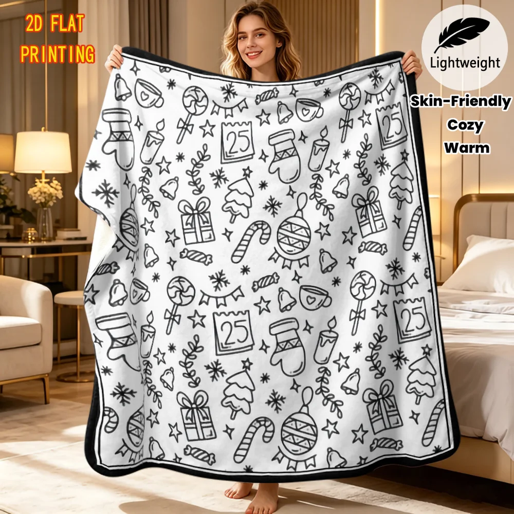 Hand Drawing DIY blanket Christmas Doodle Holiday Element Line Art Blanket Washable Flannel Throw Hobby Gift for Art Lovers