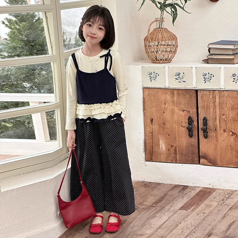 

Korean Junior Girls 2pcs Sets Children Girls Patchwork Round Neck Fake Two-piece Top Teenager Girls Dot Printed Wide Leg Pant