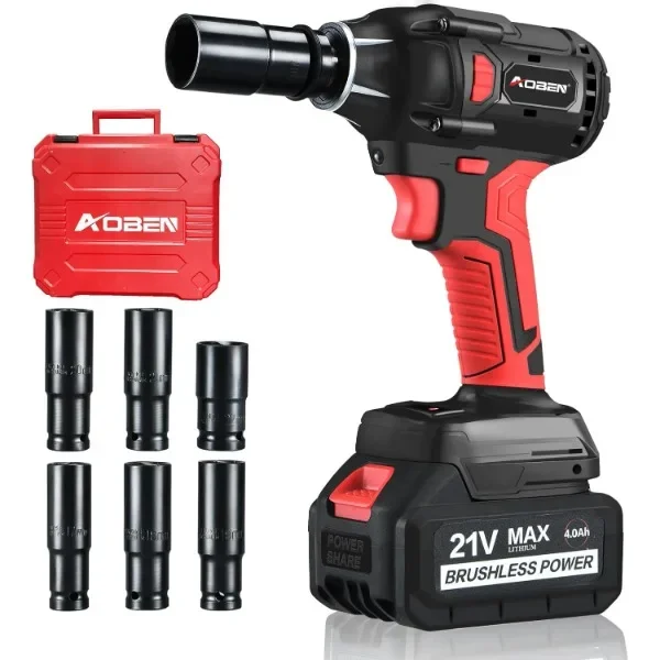 AOBEN 21V Cordless Impact Wrench, 400N.m Max Torque, 3000rpm Speed, 4.0Ah Li-ion Battery, 6Pcs Driver Sockets, Fast Charger