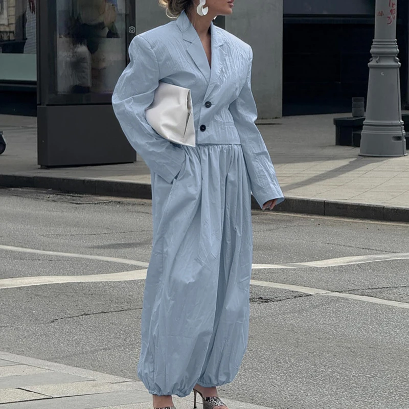 

Fashion Lapel Collar Button Blazer Coat & Pant Suit Lady Casual Long Sleeve Solid 2Pc Set Elegant Commute Pleat Wide Leg Outfits