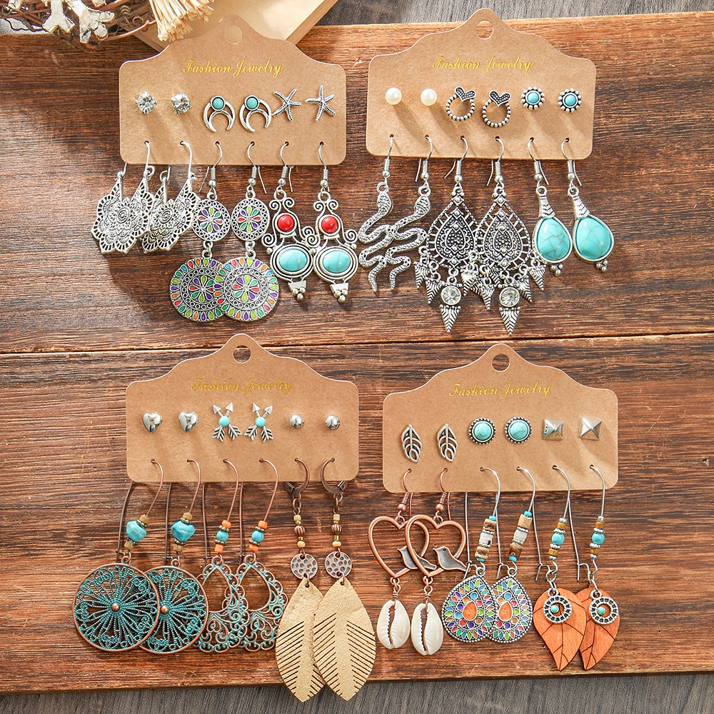 24 Pairs Boho Dangle Earrings for Women Favors Vintage Style Multi-element Stud Earrings Geometric Statement Jewelry Daily Wear