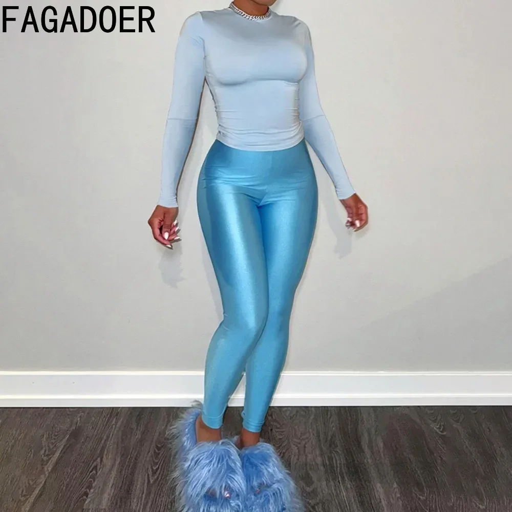 FAGADOER Casual 2 Piece Sets Women Outfit Solid Color Long Sleeve Crop Tops + Silky Leggings Suit Female Streetwear Clothing New