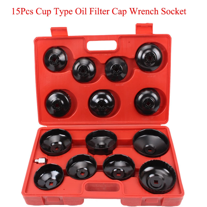 

15Pcs Cup Type Oil Filter Cap Wrench Socket Removal Tool Set With 3/8" Drive