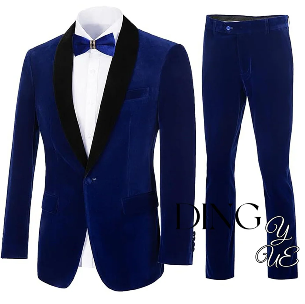 Men\'s Velvet Suit 2 Piece Slim Fit Suits 1 Button Peaked Lapel Tuxedo Blazer Party Dinner Jacket Pants Set