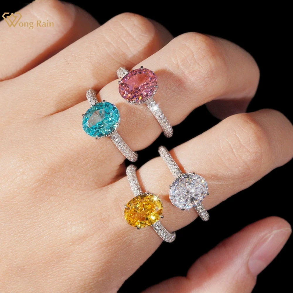 

Wong Rain 100% 925 Sterling Silver 8*10 MM Oval Cut Padparadscha Paraiba High Carbon Diamond Gems Engagement Rings Fine Jewelry