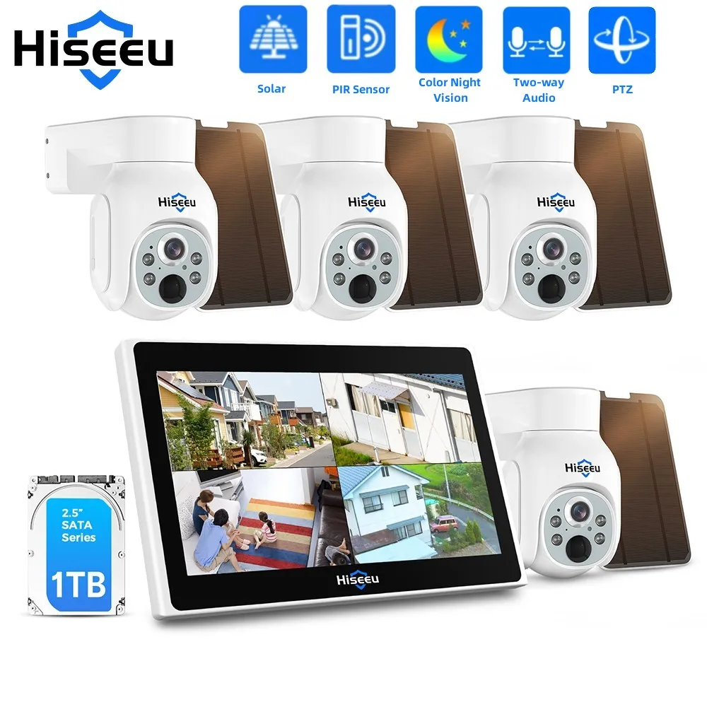 

Hiseeu 4MP WiFi PTZ Solar IP Camera Security System Kit H.265+ 10CH NVR CCTV Camera Set P2P Outdoor Wireless Surveillance System