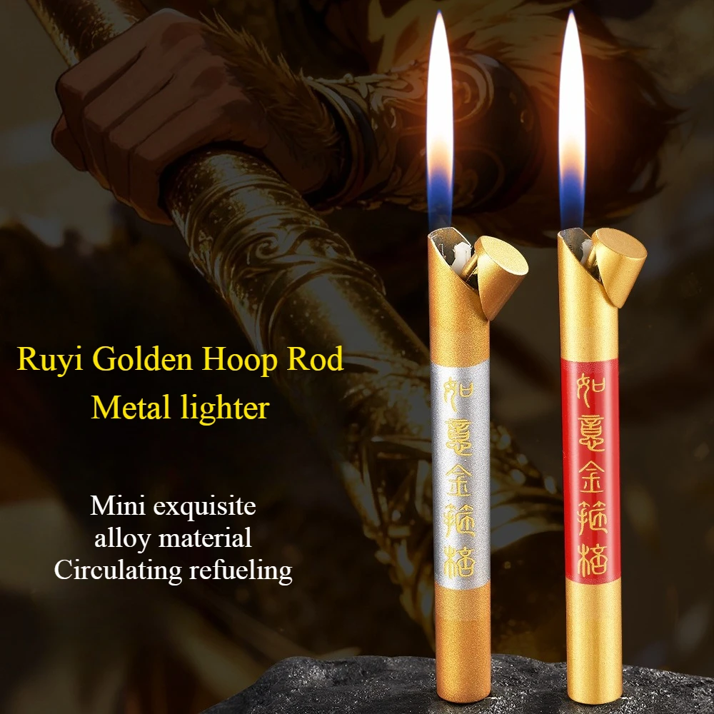 

Creative Mini Style Ruyi Gold Hoop Rod Metal Gas Lighter Classic Open Fire Outdoor Windproof Cigarette Lighter Men's Gift