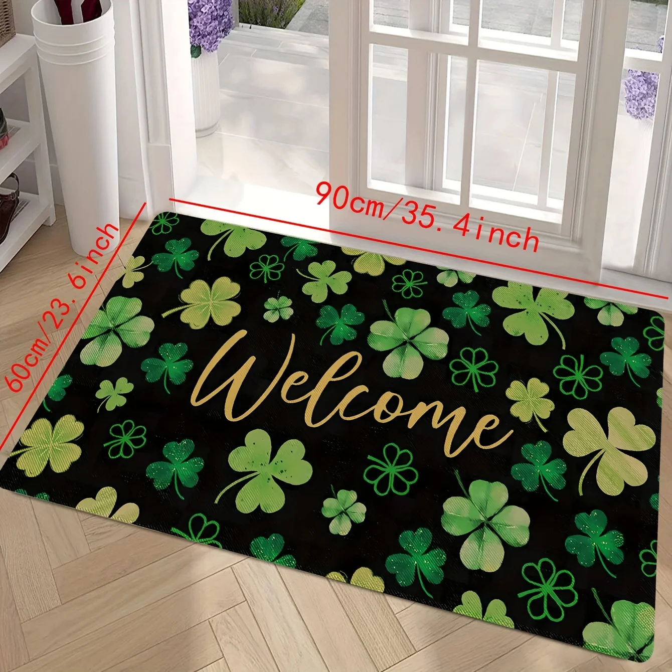 1pc Welcome St. Patrick's Day Doormat Farm Lucky Four-Leaf Clover Doormat Spring Decoration Courtyard Kitchen Indoor and Outdo