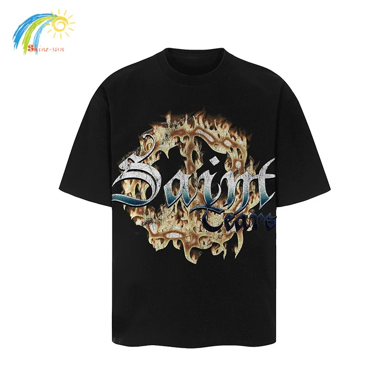 Best Quality Cotton Vintage Black T-Shirt Streetwear Cracked Flame Letter Logo Printing Saint Tee T Shirt Casual Oversized Tops